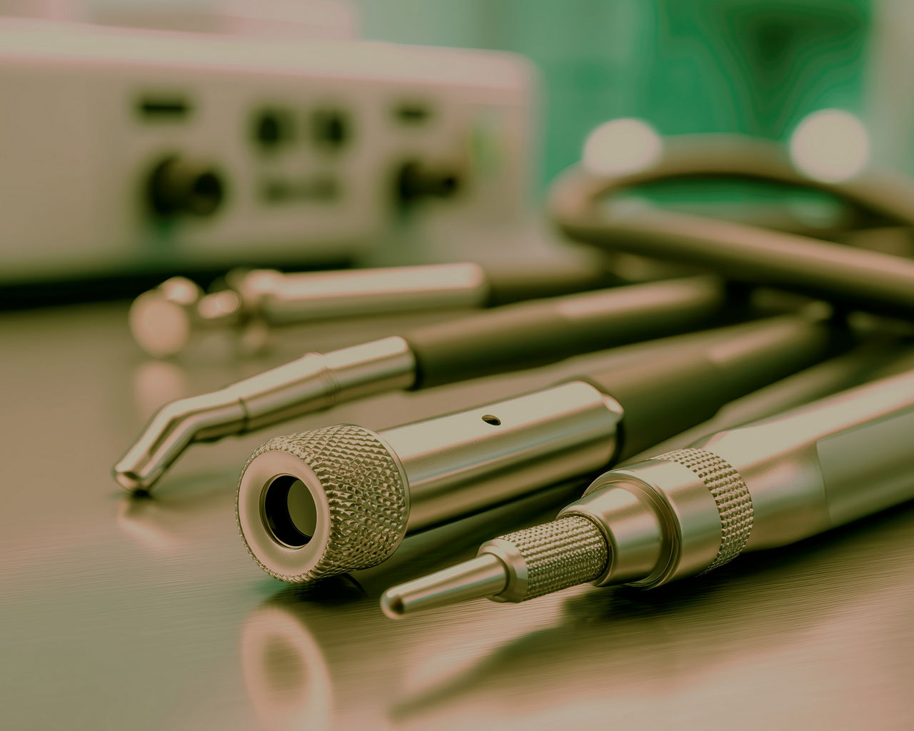 An endoscopic examination in progress, the tools are in focus; sharp focus, clean background - equipment sterile tools