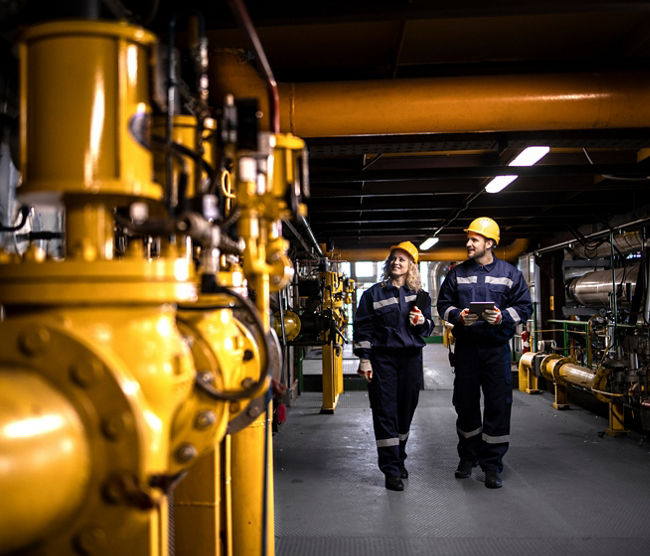 Industrial workers controlling production of natural gas and distribution in refinery.