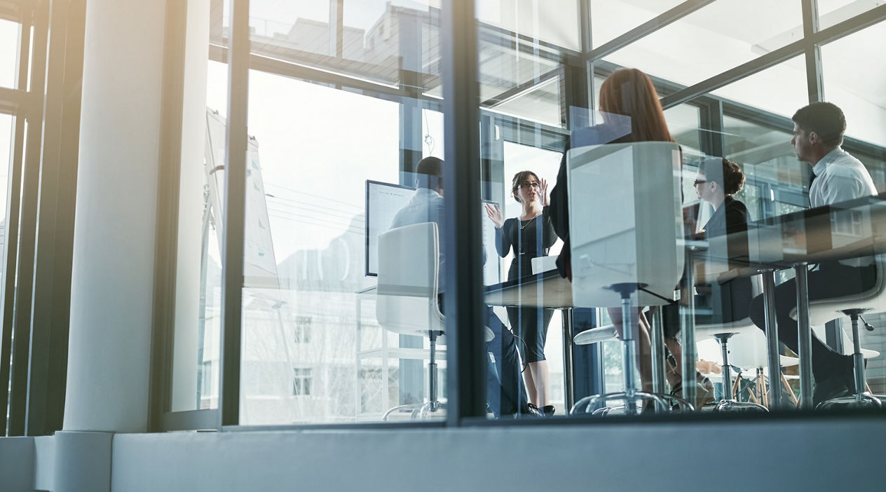 Teaching, woman speaker or business people in a presentation for sales report or financial analysis. Data analytics, manager or leader planning in a corporate meeting on screen monitor in mentorship.