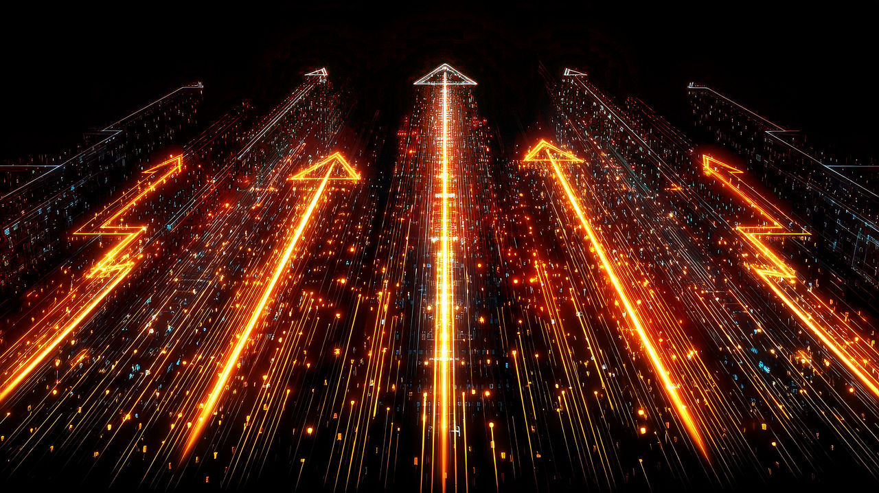 Glowing arrows illuminate a dark background