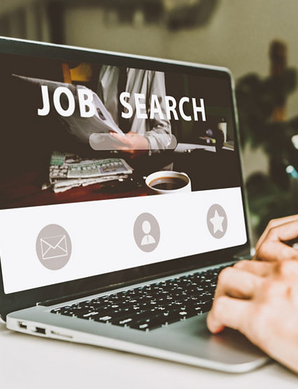 Asian man hand using the keyboard to search job browsing work opportunities online on web job search websites. Search, laptop screen, recruitment concept.