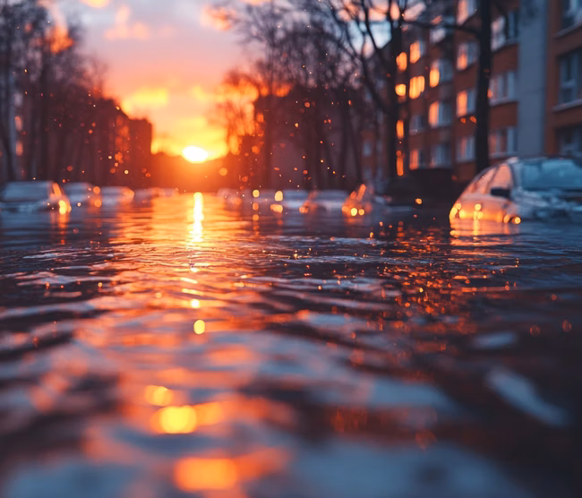 Sunset floods city street, cars submerged.