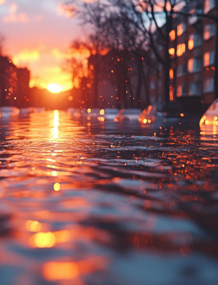 Sunset floods city street, cars submerged.