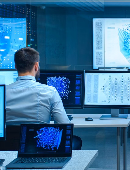 Team of Computer Engineers Work on Machine Learning Neural Network Technology Development.