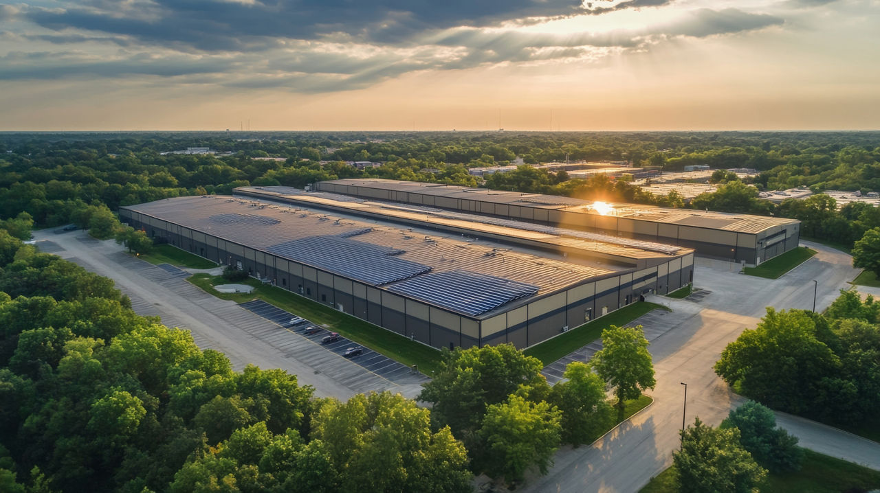 Aerial perspective showcases a sizable warehouse complex with solar panels, bordered by greenery and grass, illuminated by the warm light of sunset