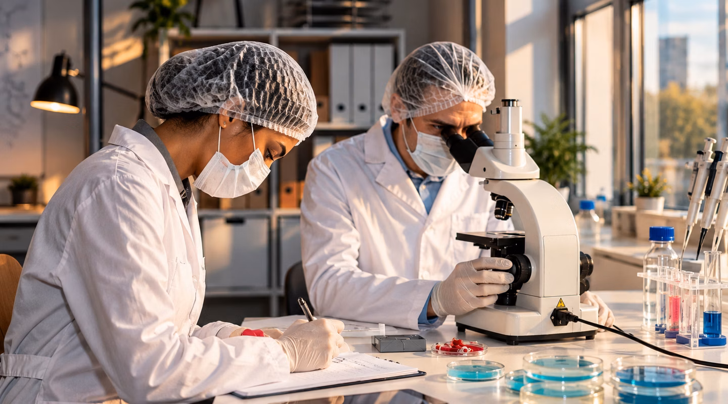 Scientists conducting research with microscope in lab
