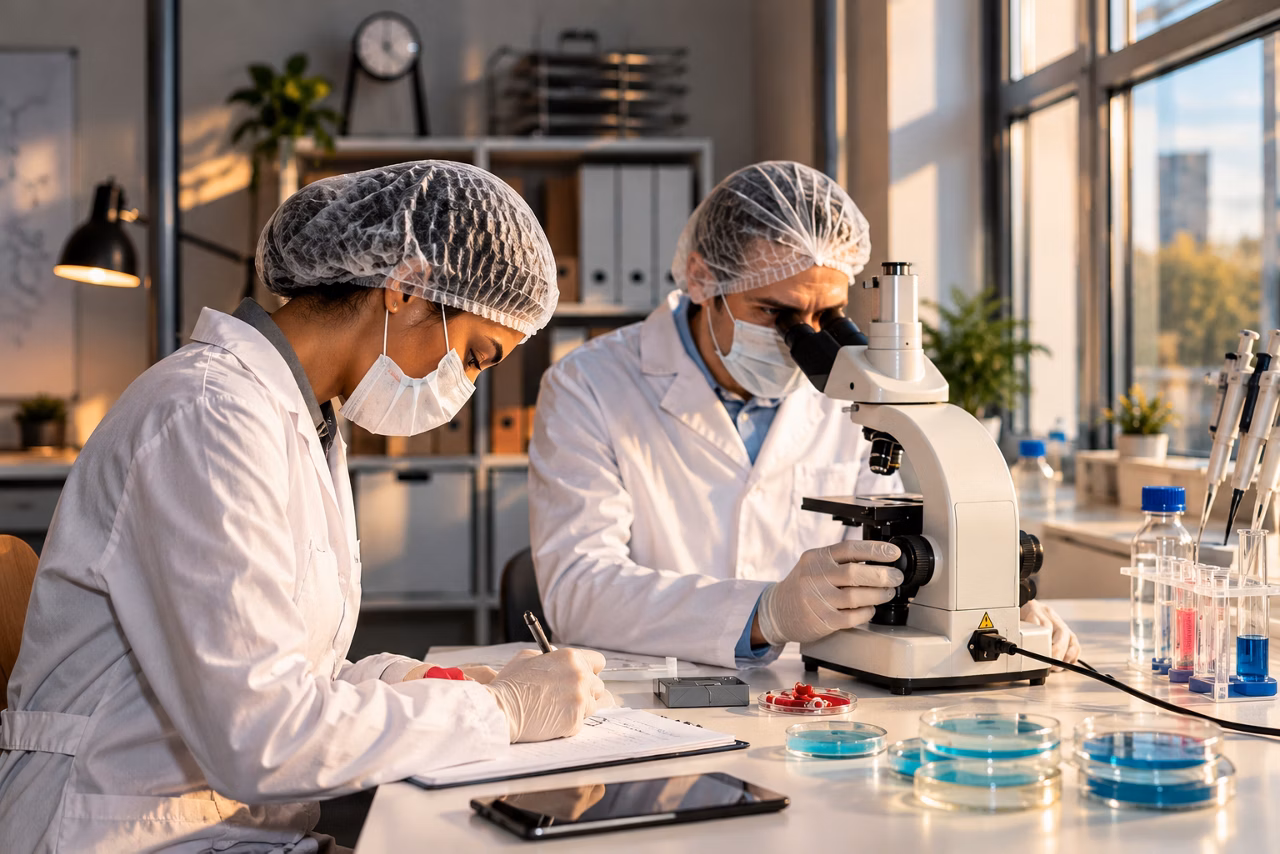 Scientists conducting research with microscope in lab