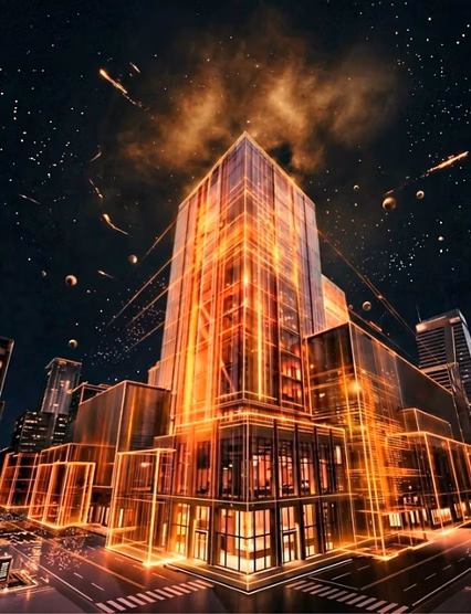 Futuristic skyline with neon-lit skyscrapers and advanced tech