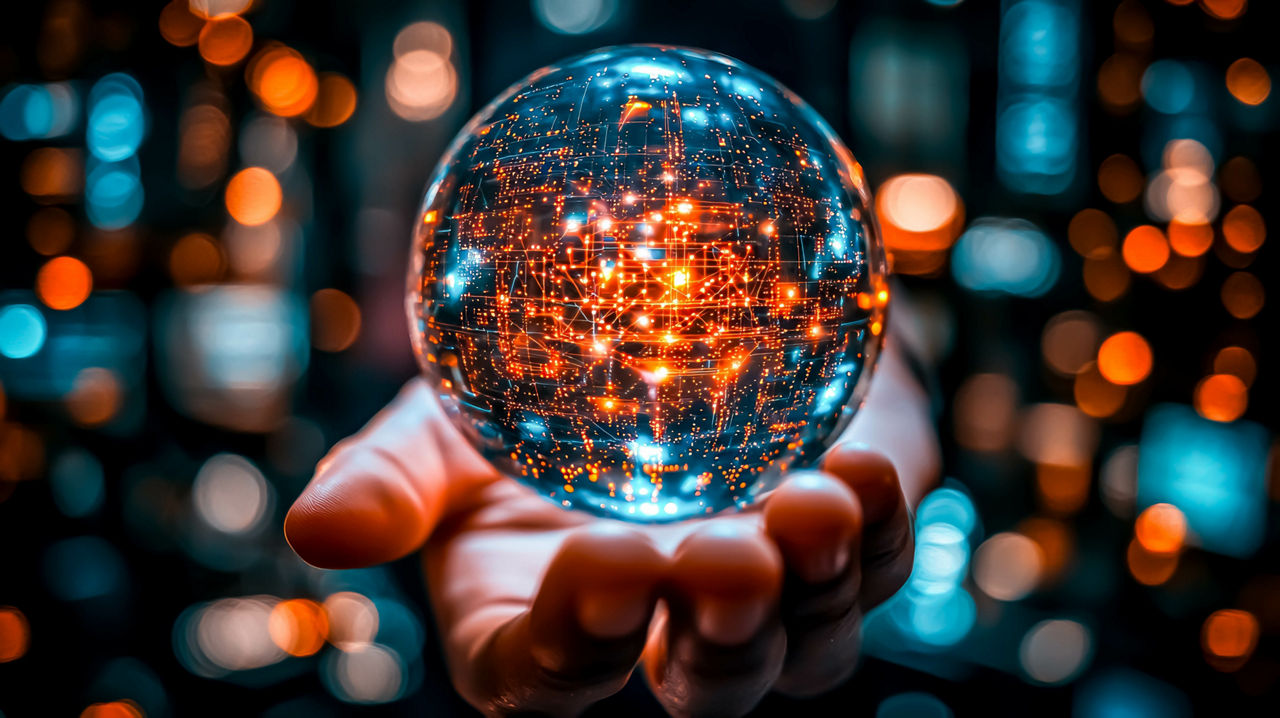 Close-up hand holding glowing high-tech sphere filled with intricate digital patterns. Vibrant orange and blue lights within sphere evoke sense of advanced technology and futuristic innovation.