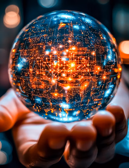 Close-up hand holding glowing high-tech sphere filled with intricate digital patterns. Vibrant orange and blue lights within sphere evoke sense of advanced technology and futuristic innovation.