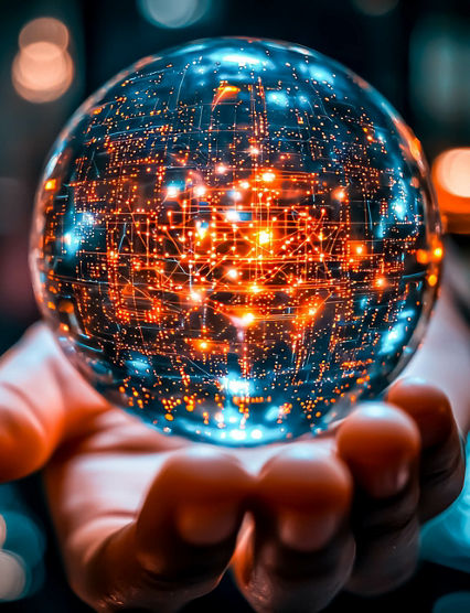 Close-up hand holding glowing high-tech sphere filled with intricate digital patterns. Vibrant orange and blue lights within sphere evoke sense of advanced technology and futuristic innovation.