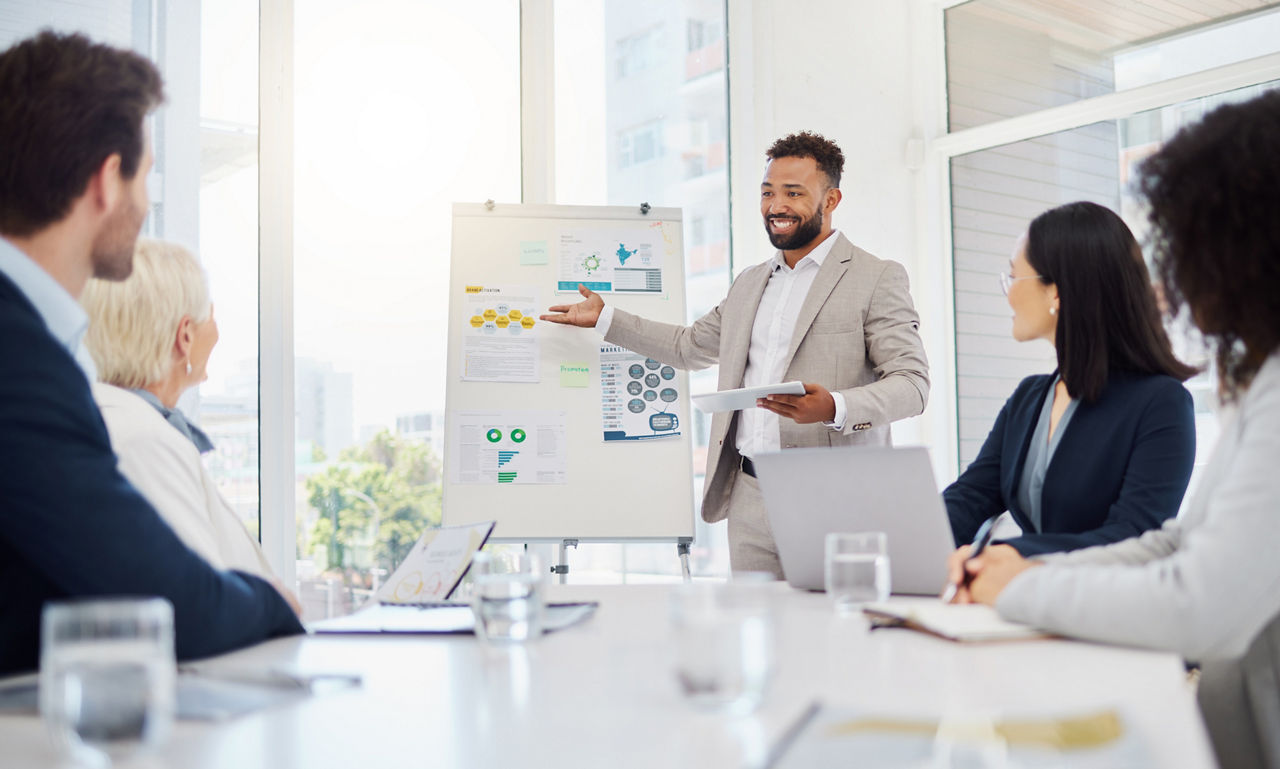 Business people, whiteboard presentation statistics or man explain finance sales data, research summary or information. Meeting, manager or person talking, cooperation or report to collaboration team.