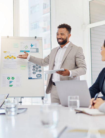 Business people, whiteboard presentation statistics or man explain finance sales data, research summary or information. Meeting, manager or person talking, cooperation or report to collaboration team.