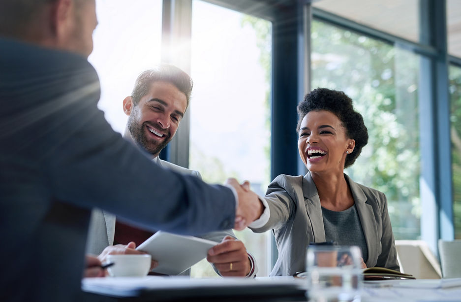 Meeting, partnership and business people shaking hands in the office for a deal, collaboration or onboarding. Diversity, professional and employees with handshake for agreement, welcome or greeting