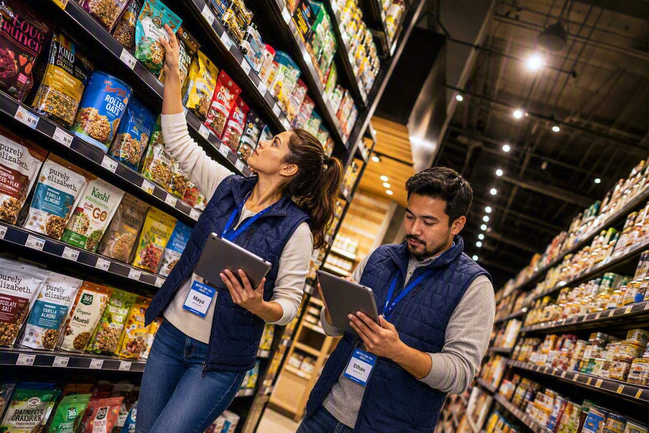 Retail workers auditing grocery store shelves
