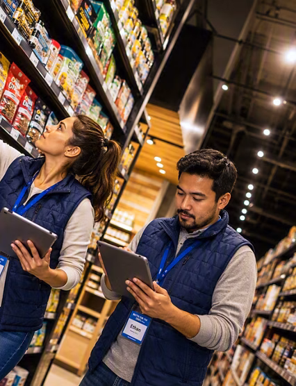 Retail workers auditing grocery store shelves