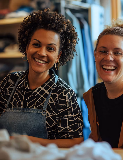 Two coworkers collaborating in creative workspace