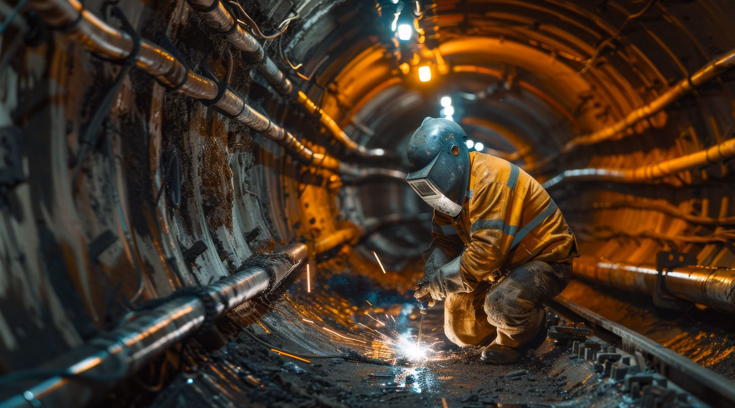 A welder in a confined space welding a section of a subway extension.