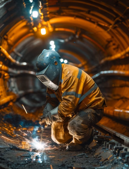 A welder in a confined space welding a section of a subway extension.