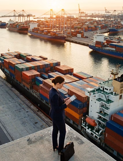 Business professional overseeing busy container port