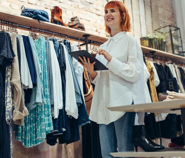 Young shop owner with a digital tablet. Woman working in clothing store with a table pc in hand looking away and smiling.