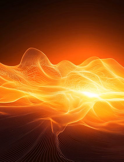 Abstract glowing waves in warm orange tones create a dynamic visual effect against a dark background.