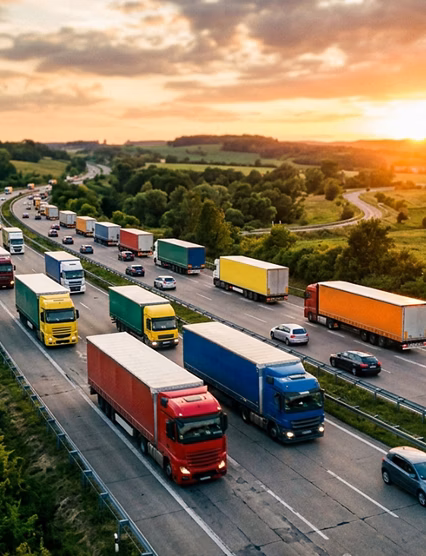 Colorful freight trucks on busy highway at sunset