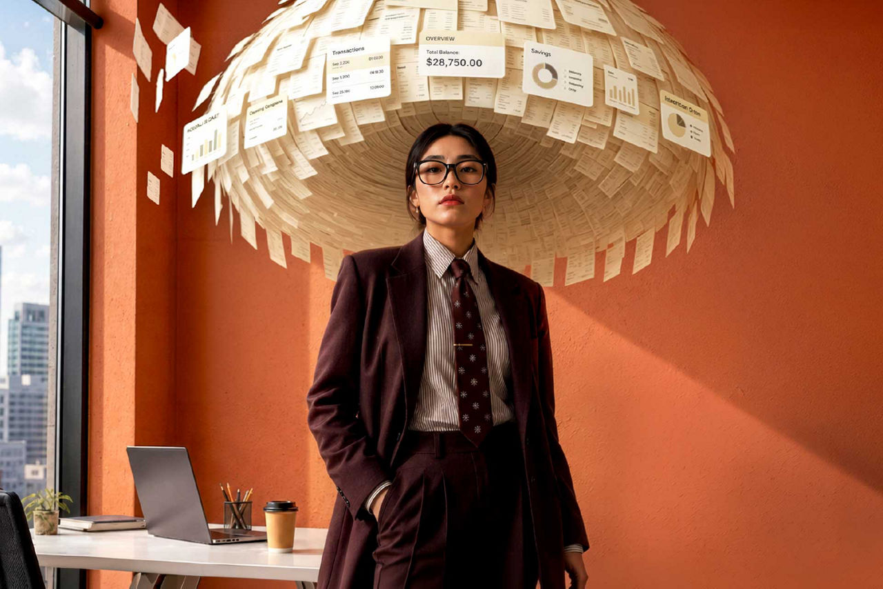 Confident businesswoman under data-filled umbrella