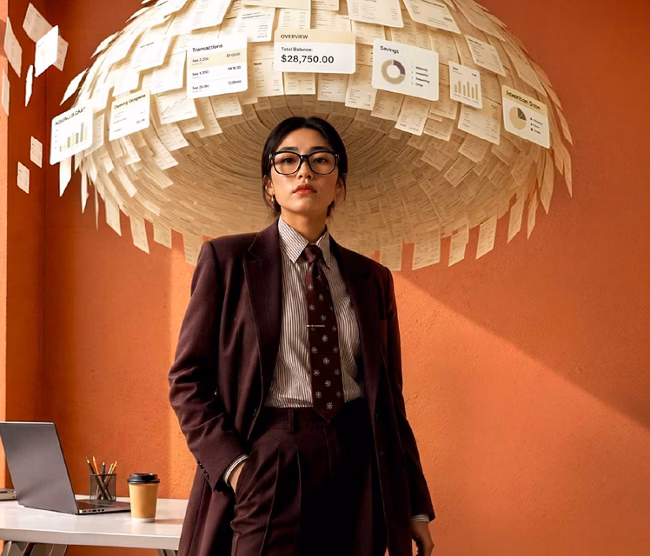 Confident businesswoman under data-filled umbrella