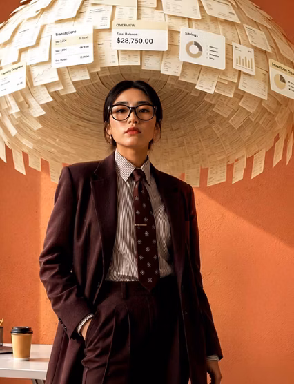 Confident businesswoman under data-filled umbrella