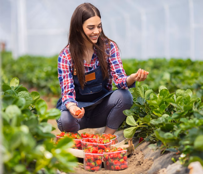 Strawberry growers with harvest,Agricultural engineer working in the greenhouse. Female greenhouse worker with box of strawberries, woman picking berrying on farm,strawberry crop