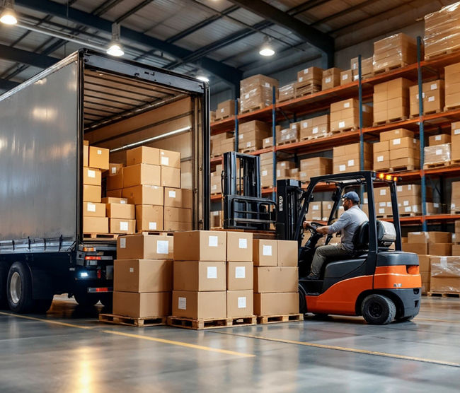 A semi truck at a warehouse, forklift loading boxes, organized and efficient setting.