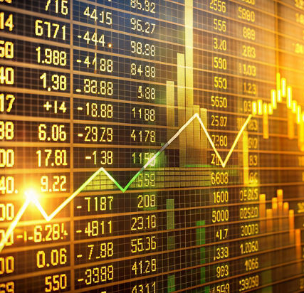 A sleek, modern digital stock market board displays rising stocks and profits, bathed in warm, golden light, conveying success and growth.