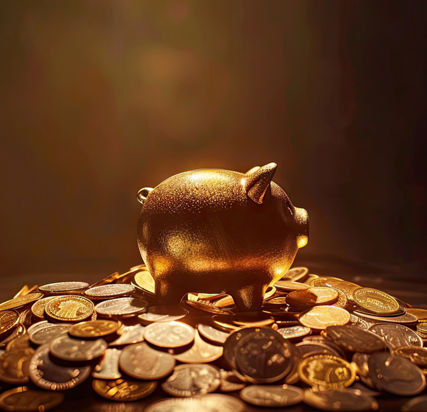 A golden piggy bank standing atop a pile of coins, illuminated by warm lighting on a dark background. --ar 2:1 --style raw --v 6 Job ID: d9e1ef08-ab31-4fa1-bd20-19f62b994234