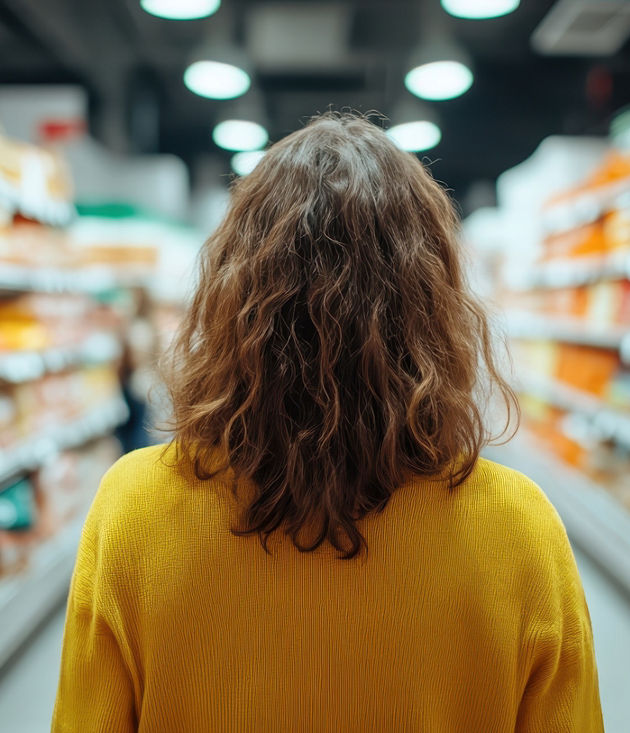 A person in a yellow sweater explores a cozy supermarket aisle filled with assorted goods, creating a warm, inviting atmosphere characteristic of modern retail spaces.