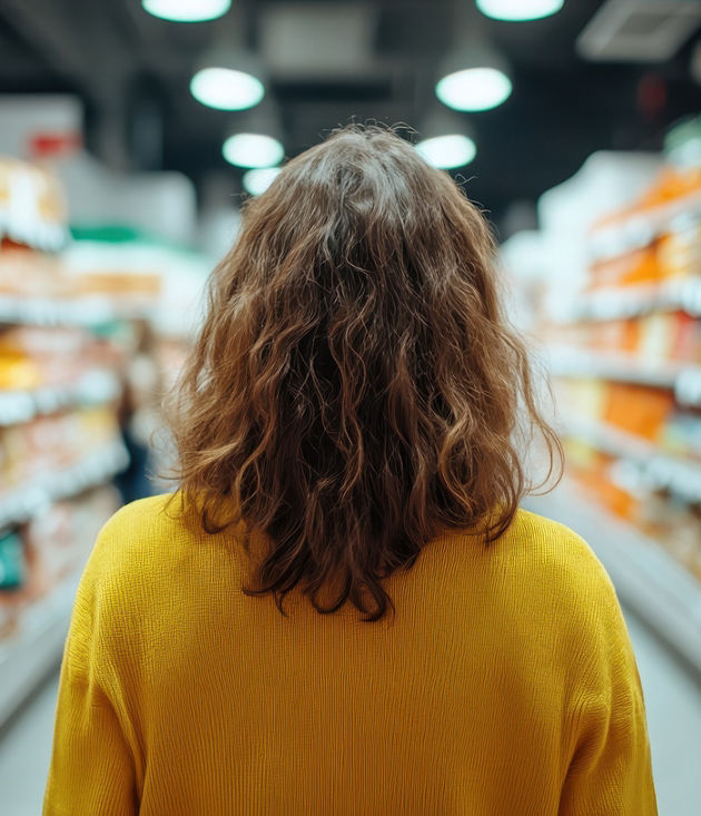 A person in a yellow sweater explores a cozy supermarket aisle filled with assorted goods, creating a warm, inviting atmosphere characteristic of modern retail spaces.