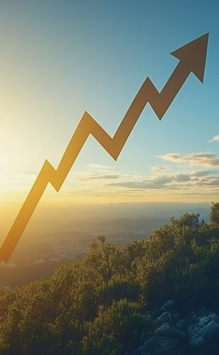 Ascending Towards Success: An upward arrow symbolizing growth and progress, cutting through the clouds with the warm glow of a setting sun in the background.