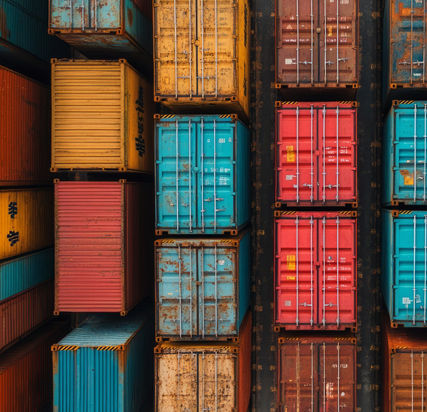 Aerial view of colorful shipping containers intricately stacked in an industrial port as the sun sets, casting warm hues across the scene.