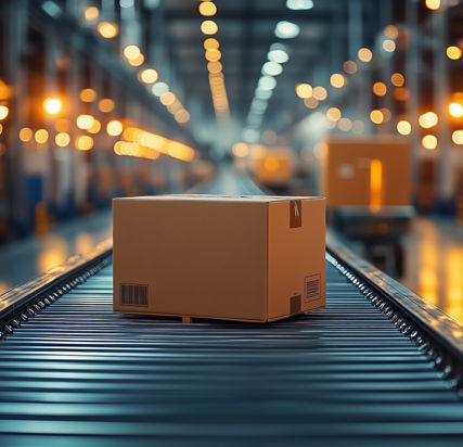 A single cardboard box sits on a conveyor belt in a busy distribution center, illuminated by warm lights. The scene emphasizes logistics and efficiency in modern warehousing.