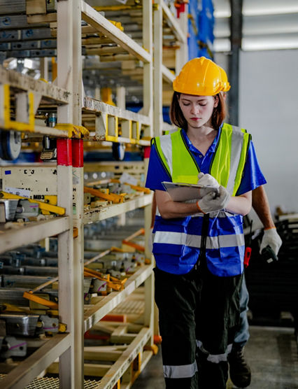 workers checking and inspecting metal machine part items for shipping. male and woman checking the store factory. industry factory warehouse. The warehouse of spare part for machinery and vehicles.