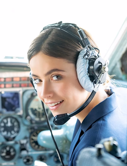 Happy and successful flight. Smiling female pilot in the aircraft , she is holding aviator headset and looking at camera. Wishes a successful fligh