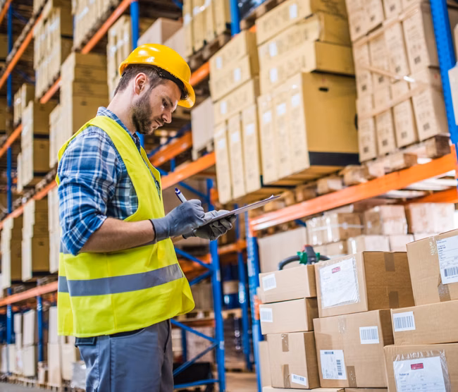 Male worker checking checklist in warehouse.