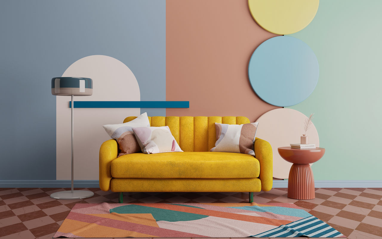 Dopamine Decor Room With a Yellow Sofa and Lamp - Aditya Birla Paints