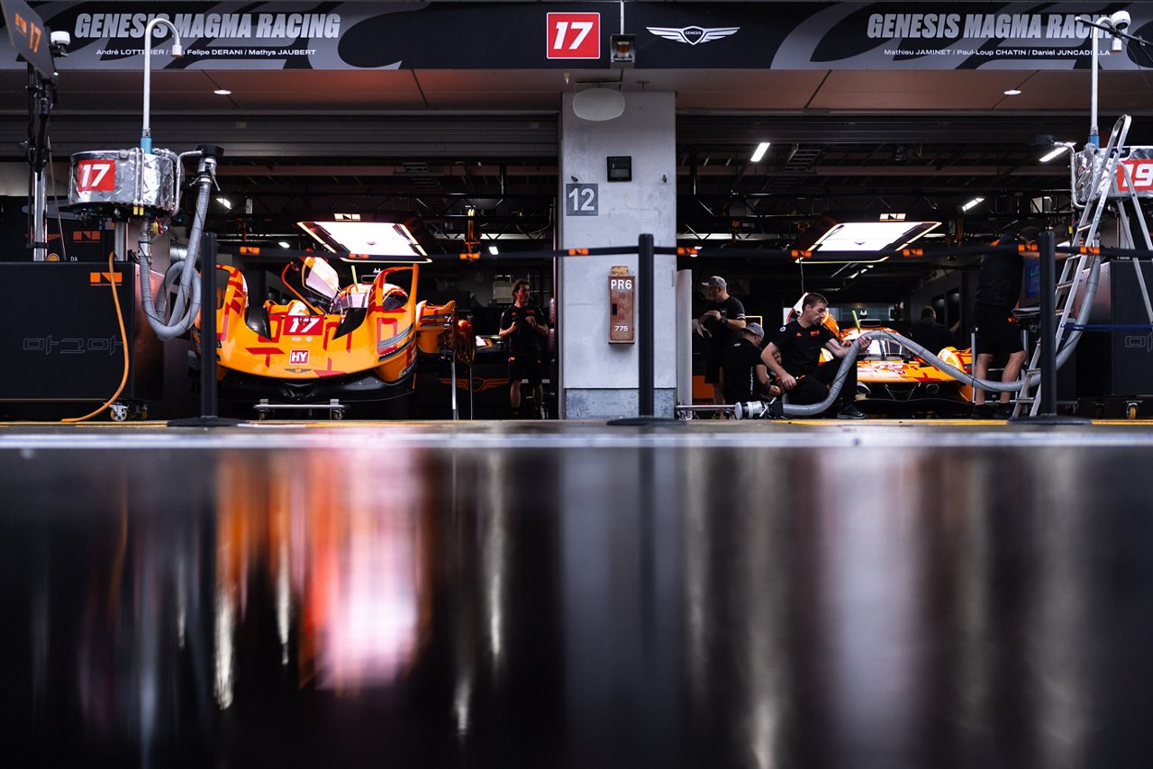 GMR-001 Hypercars in the Genesis Magma Racing garage at WEC Fuji.