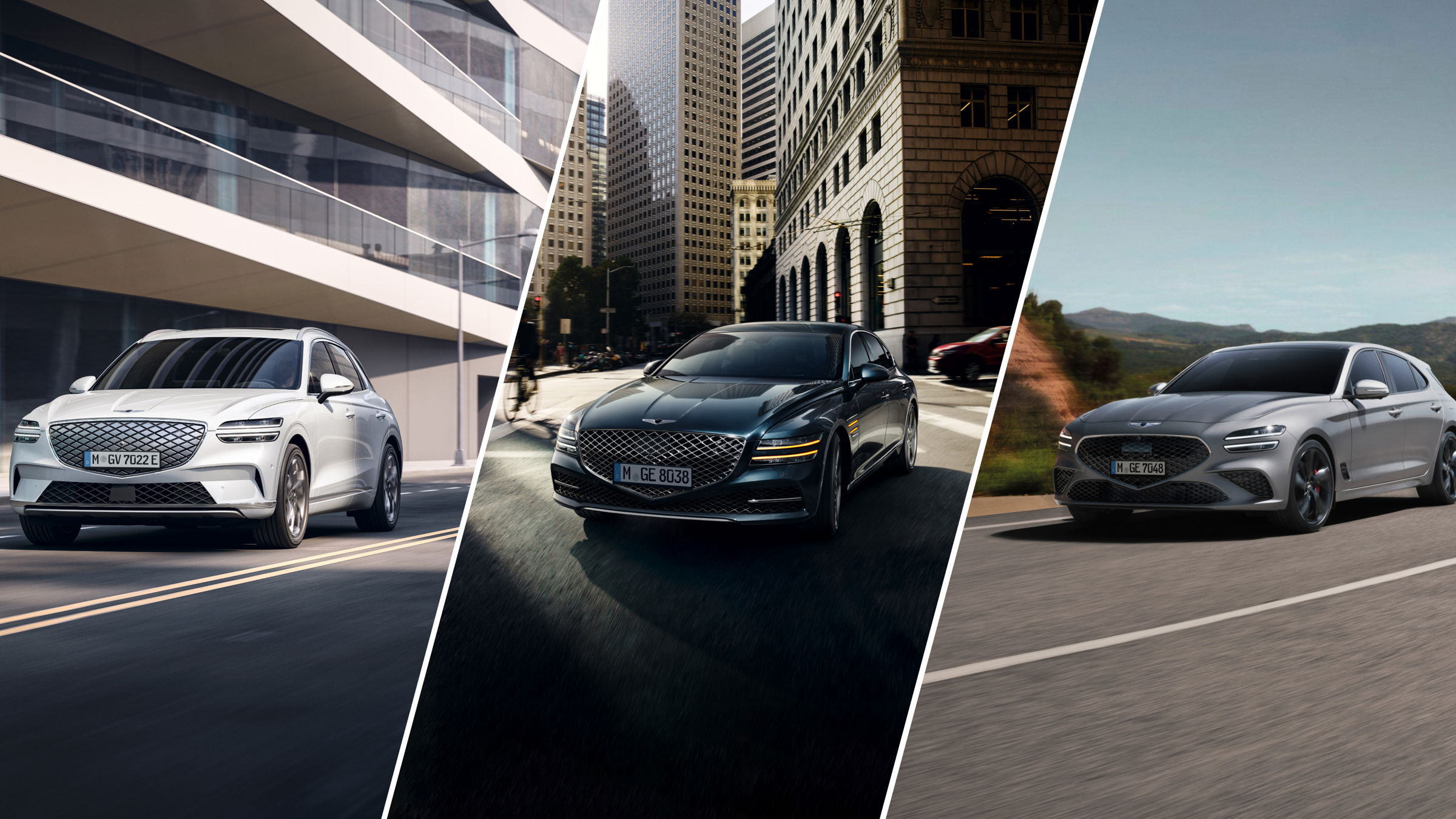 Three Genesis cars displayed side by side: the white GV70 SUV, the black G80 sedan in an urban setting, and the silver G70 sports sedan on a scenic road.