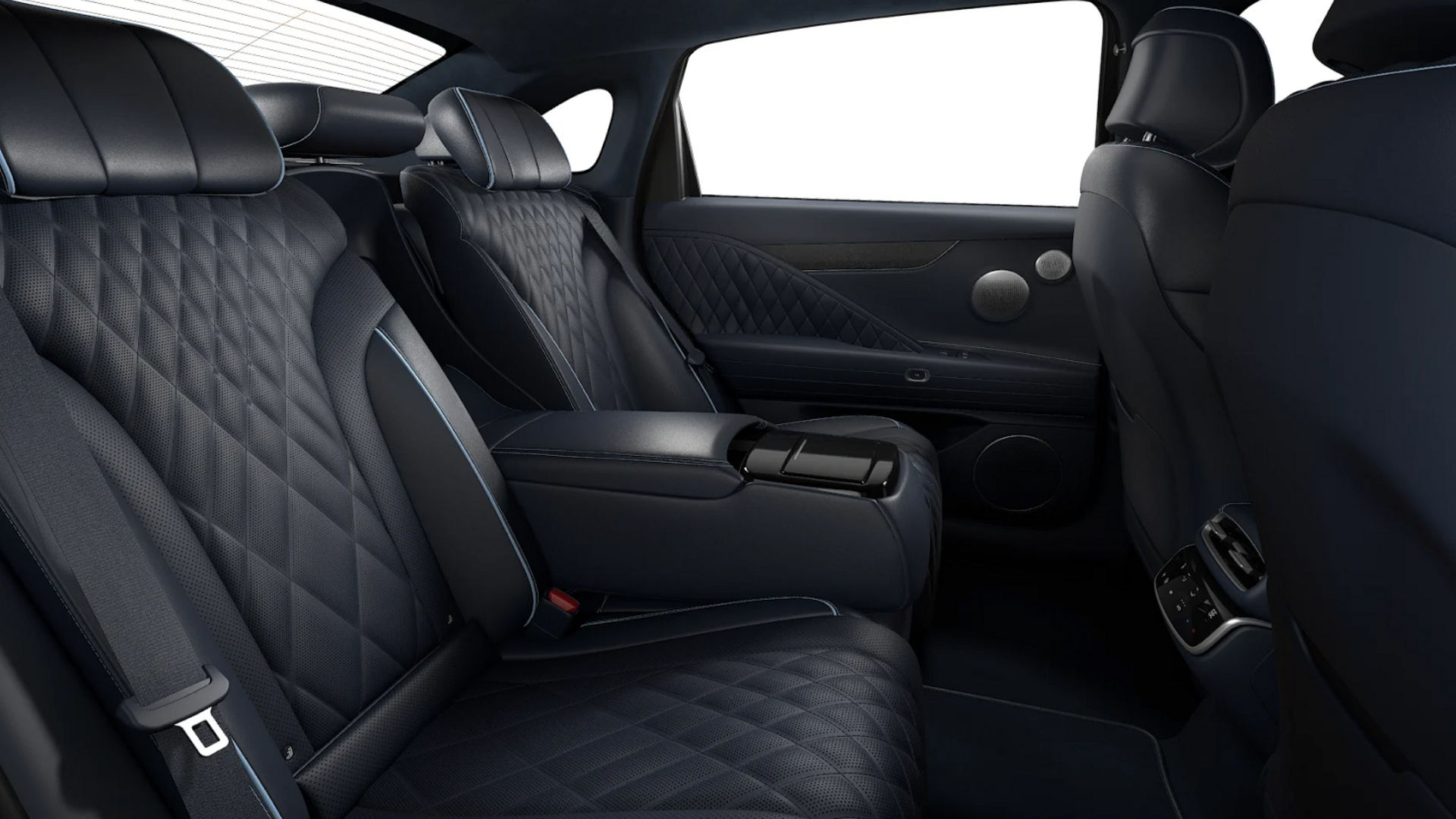 Image of the Electrified G80 luxury sedan rear cabin with the premium comfort seating and console controls.