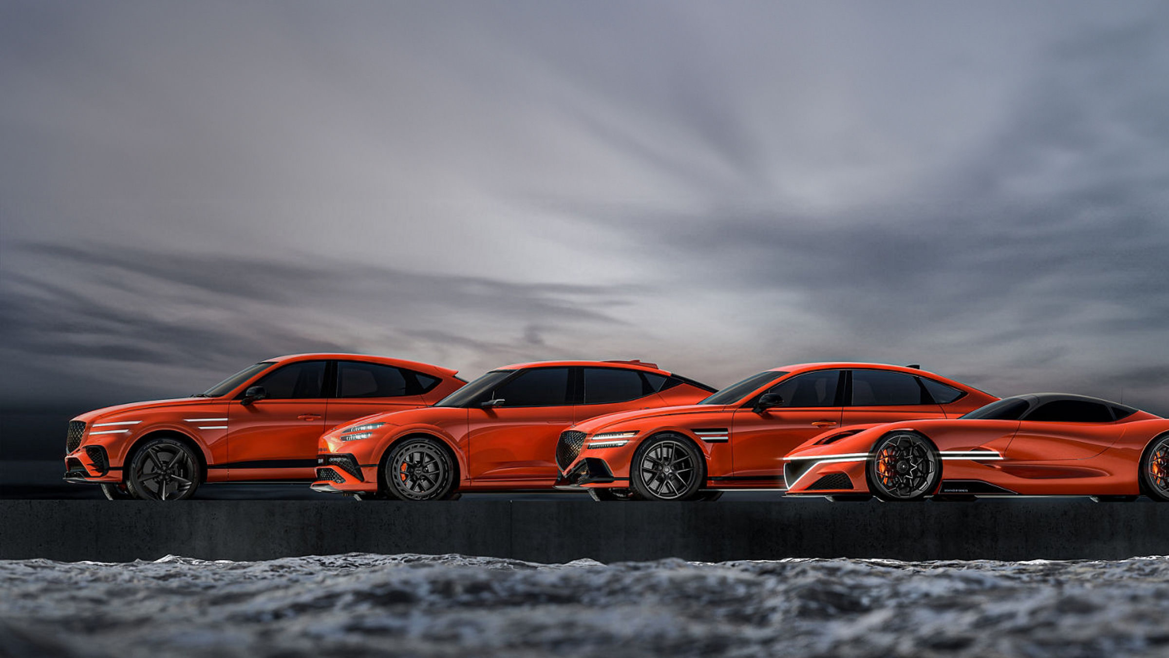 The four Genesis Magma vehicles can be seen: Genesis G80 Magma Special, GV60 Magma Concept, GV80 Coupe Concept and X Gran Berlinetta Concept