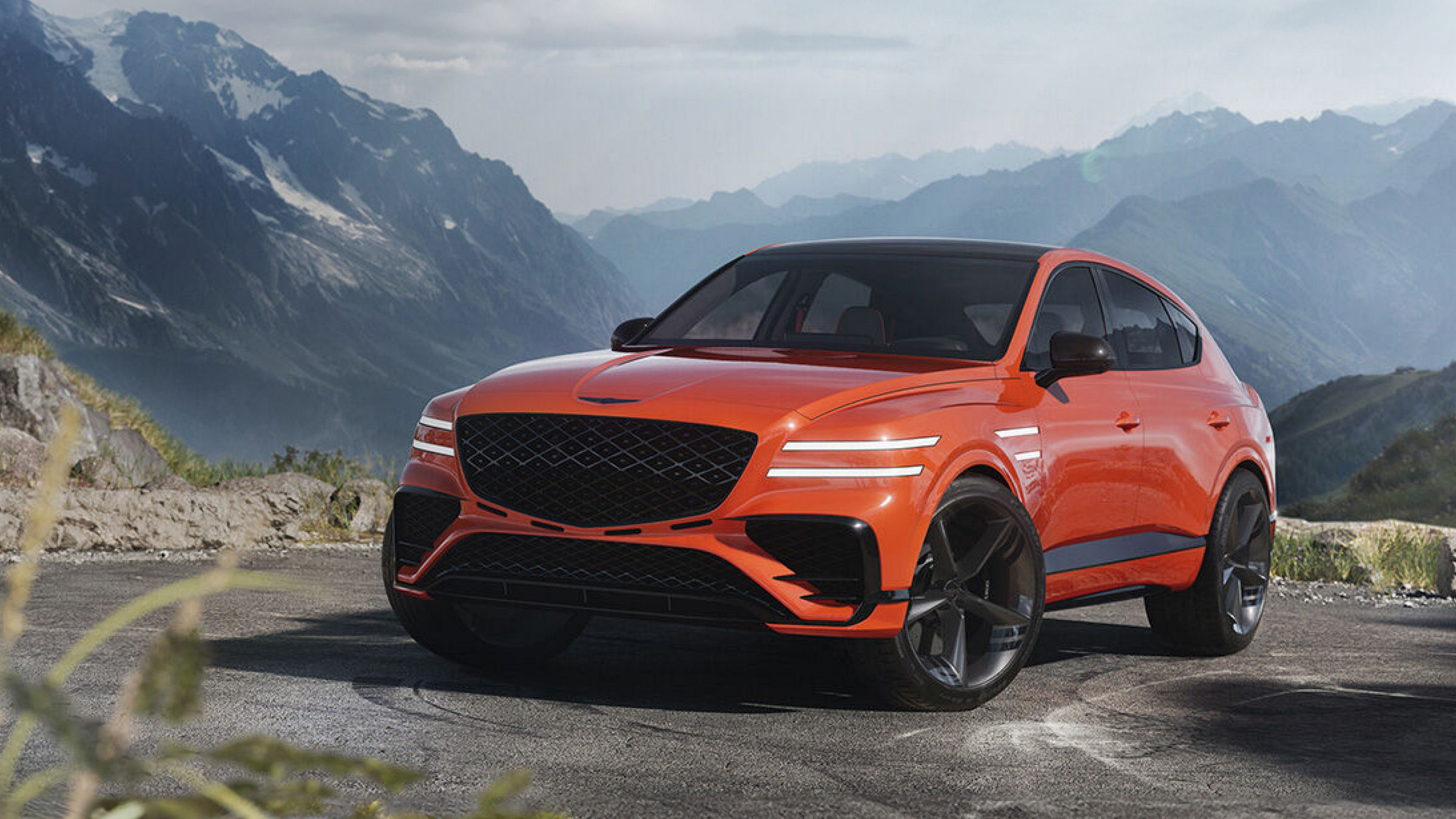 Genesis GV80 Coupe Concept car with a mountain backdrop, front view