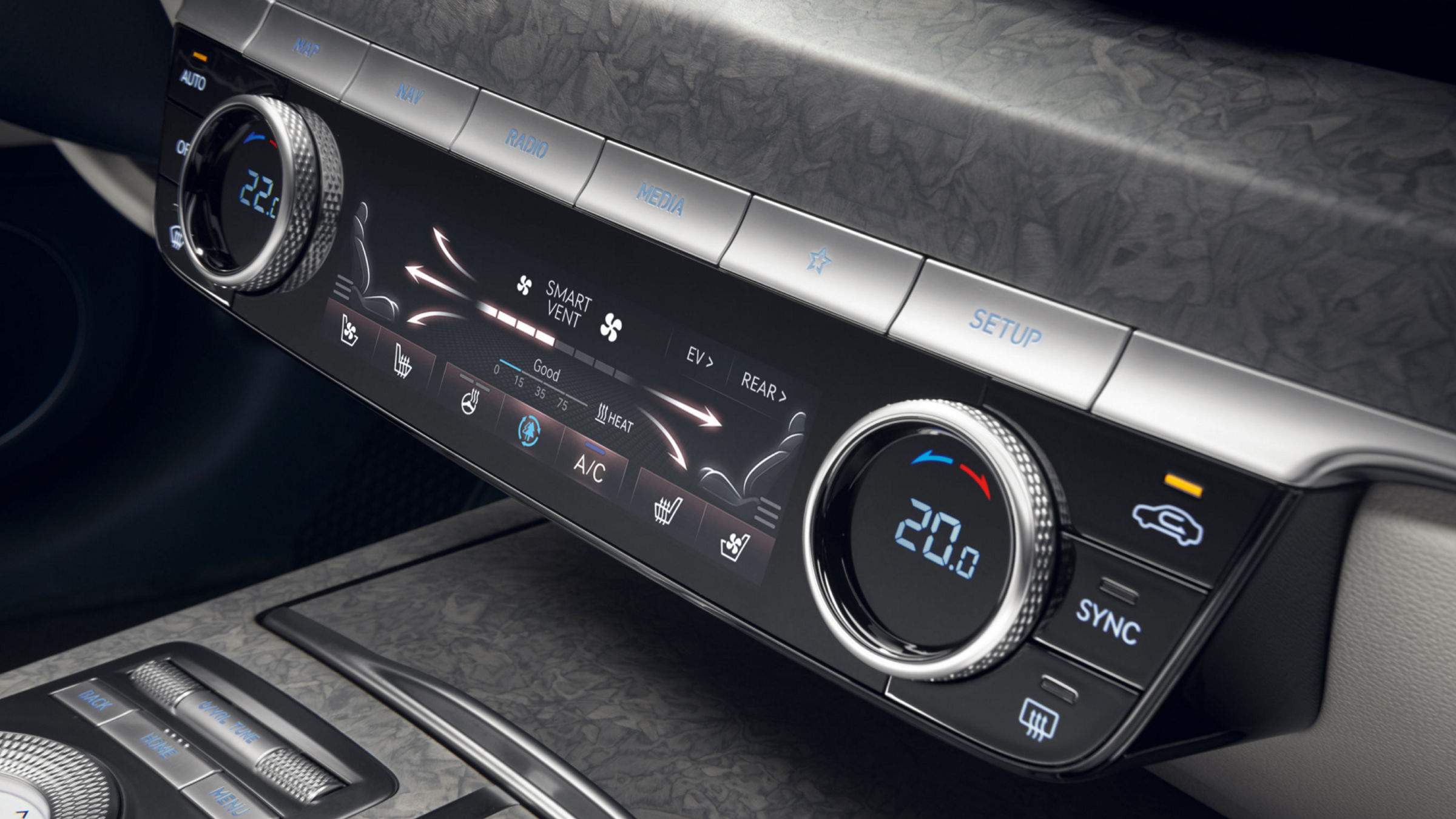 A detailed view of the climate control system in the Electrified G80, featuring dual-zone temperature settings and modern digital controls.