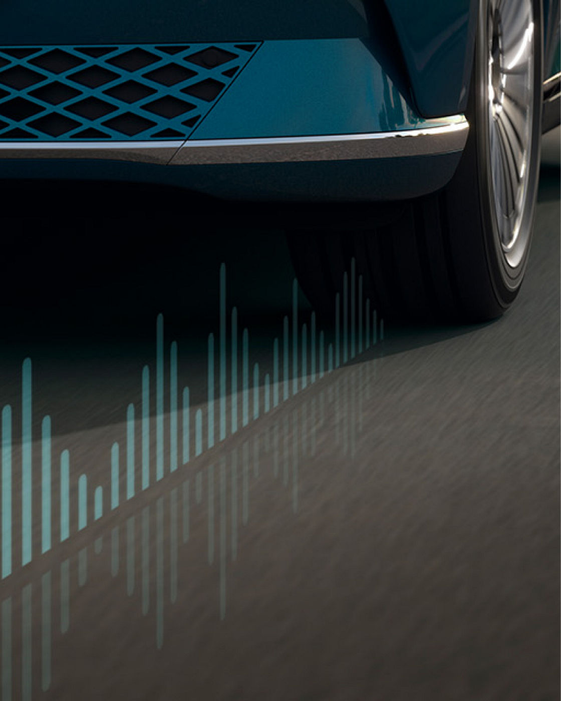 A close-up of the Electrified G80's tire in motion, illustrating sound wave graphics to represent road noise reduction.